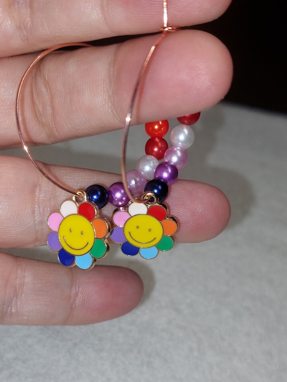Handmade Rainbow Smiley Flower Hoop Earrings - Multicolor